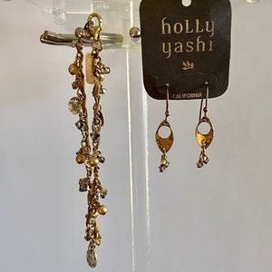 Vintage Holly Yashi Gold Pearl and Crystal Earrings and Bracelet